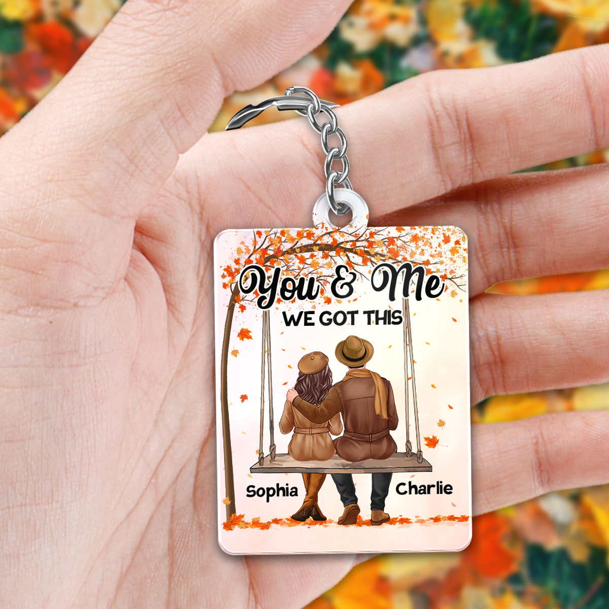 Fall Season Couple Sitting On Swing Back View Favorite Song QR Code Personalized Acrylic Keychain