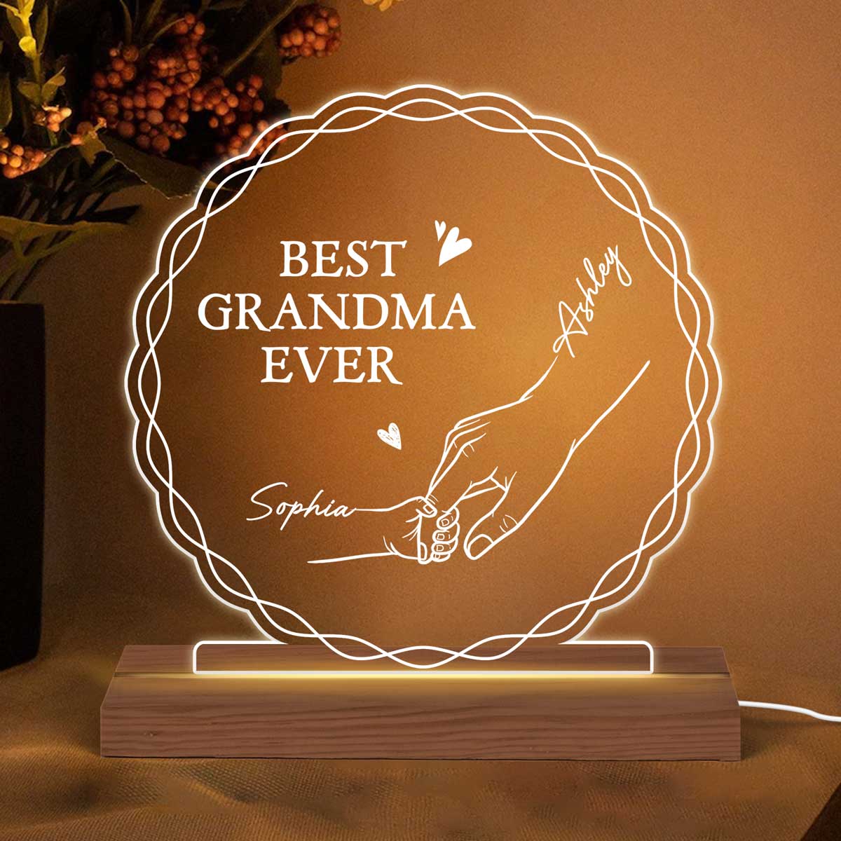 Best Mom Grandma Ever Hands Outline Personalized Custom Shape Acrylic Plaque With LED Night Light