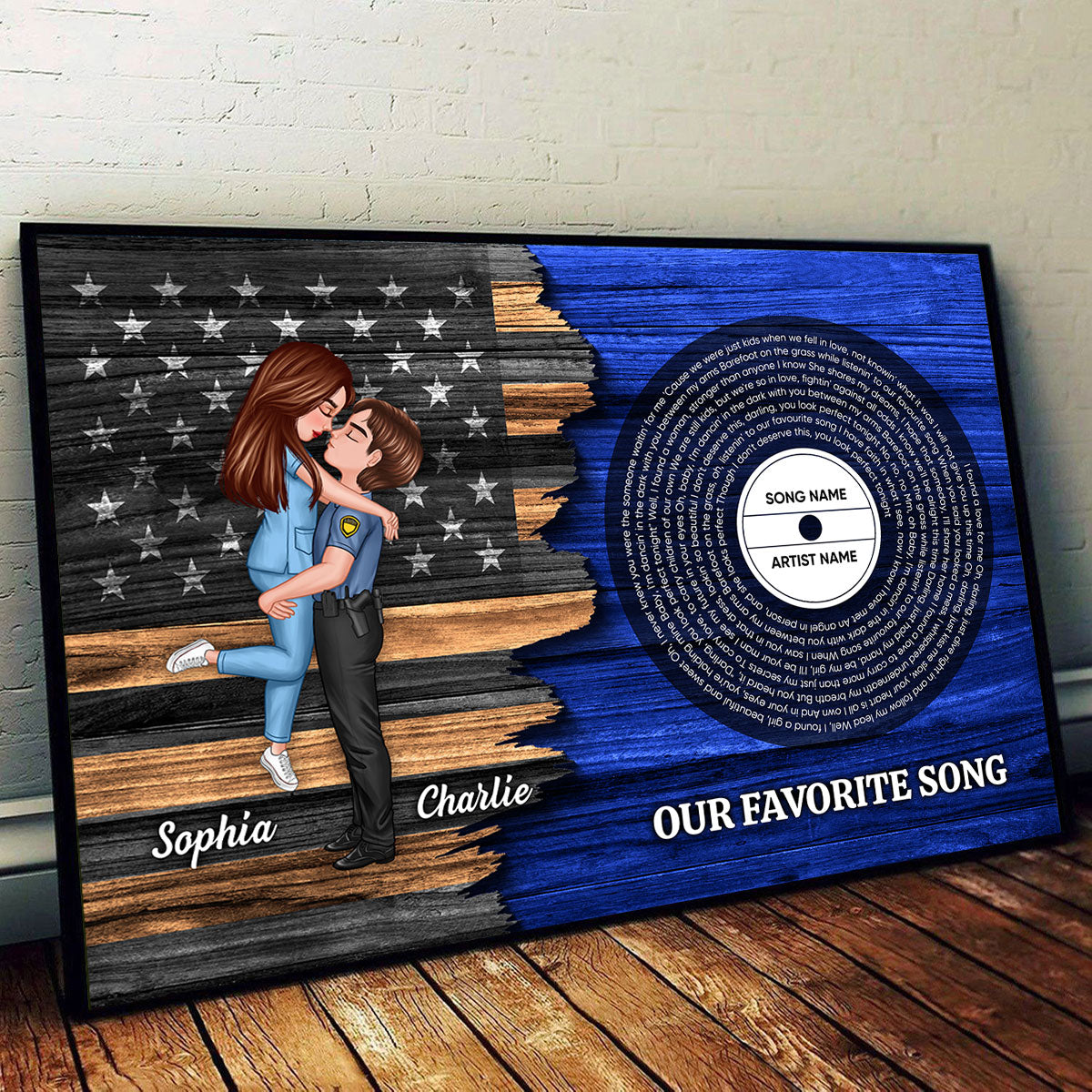 Hero Couple Nation Flag Vinyl Lyrics Favorite Song, Gift by Occupation For Her, For Him Personalized Poster, Anniversary Gift for Couple
