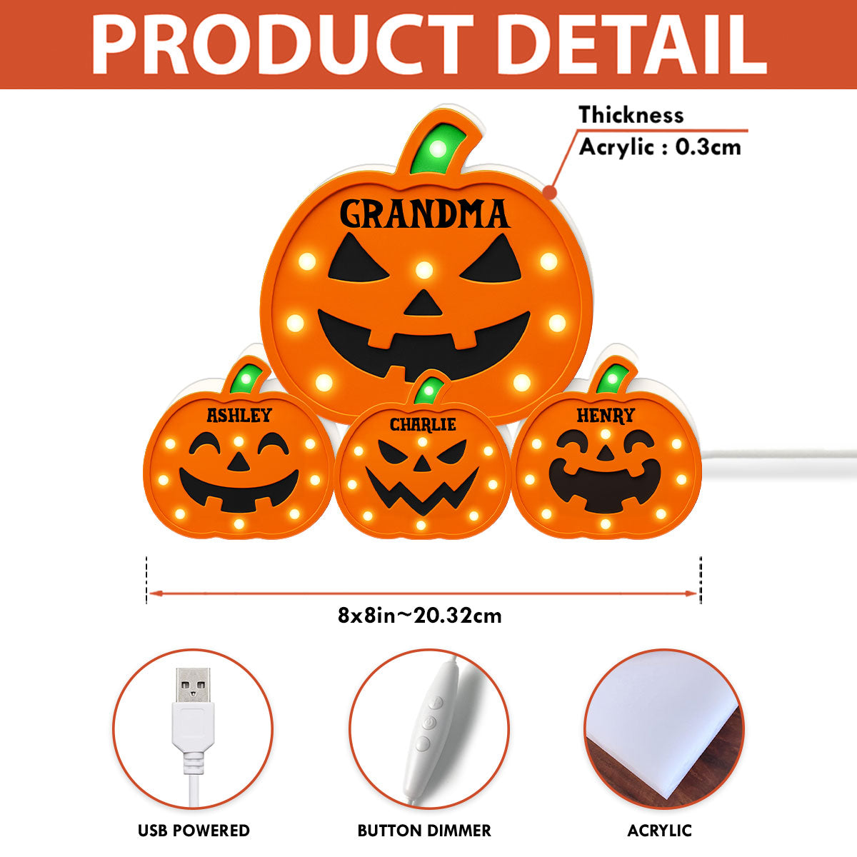 Jack O Lantern Grandma Grandkids Pumpkin Marquee Effect Personalized Light Box, Halloween Decor