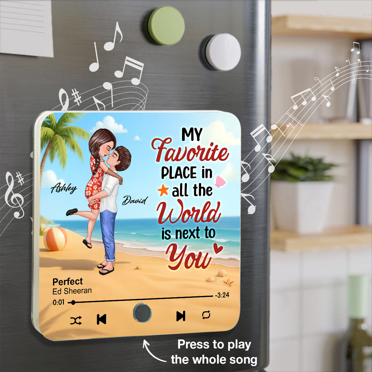 My Favorite Place in All the World is Next to You, Summer Hugging Couple Personalized Music Fridge Magnet