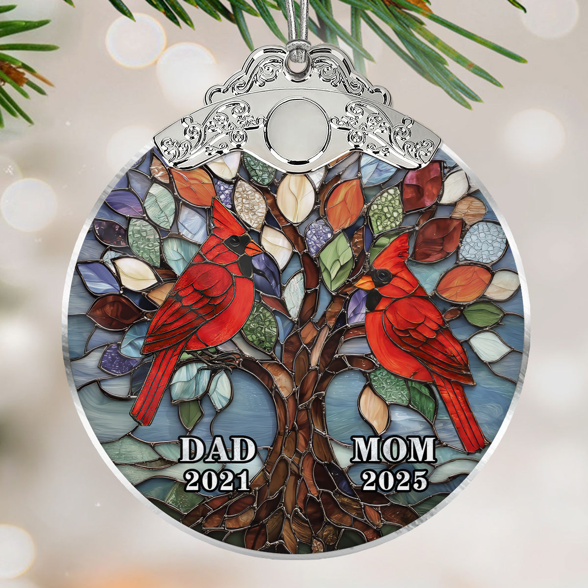 Tree Of Life Cardinals Mom Dad Mosaic Effect - Personalized Glass Ornament With Silver Cap - Christmas Memorial Keepsake For Family