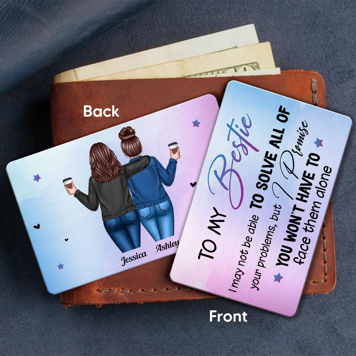 Back View Besties To My Bestie Perfect Wallet Insert Keepsake Personalized Metal Wallet Card