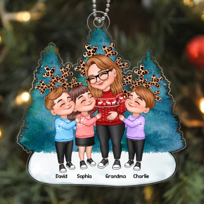 Cartoon Grandma & Grandkids Hugging Blue Christmas Tree Leopard Snowflakes Personalized Acrylic Ornament