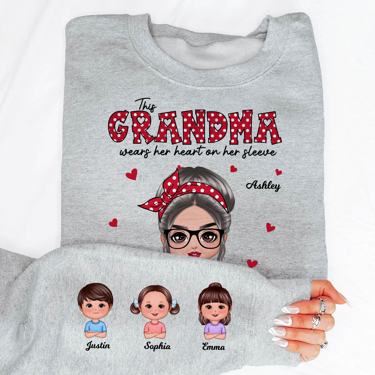 This Grandma Wears Her Heart On Her Sleeve Polka Dot Pattern Personalized Sleeve Printed Sweatshirt
