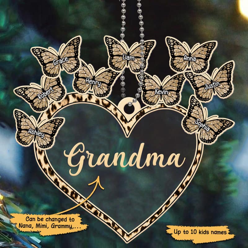 Grandma Heart Butterflies Grandkids Personalized Christmas Acrylic Ornament