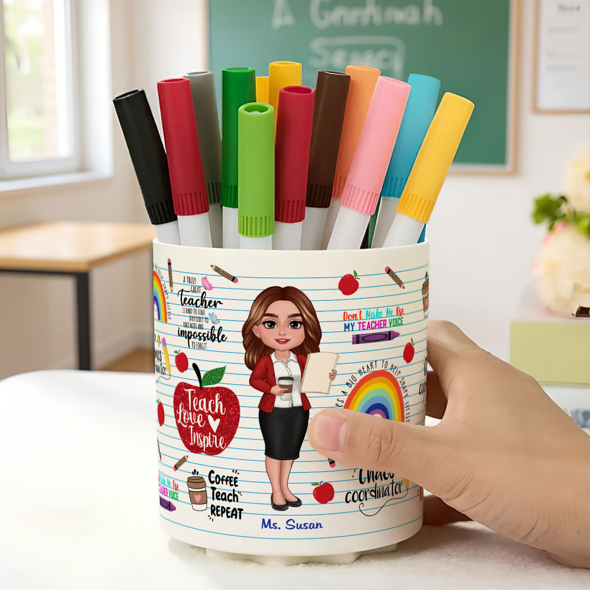 Teach Love Inspire Personalized Rotating Pen Holder, Back to School Gift for Teachers