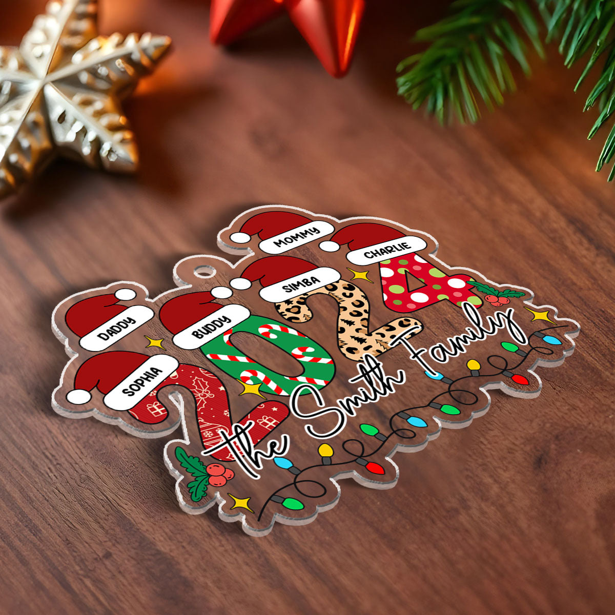 Family 2024 Christmas Pattern Santa Hat Personalized Acrylic Ornament, Christmas Gift for Children, Husband, Dad, Mom