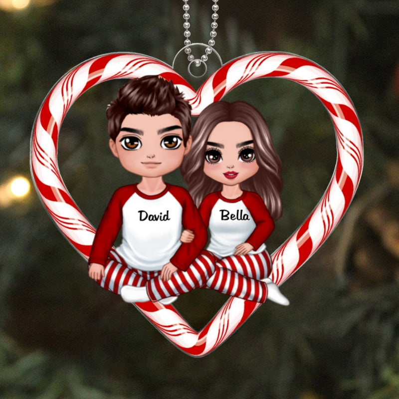 Christmas Doll Couple Sitting Candy Cane Heart Personalized Acrylic Ornament