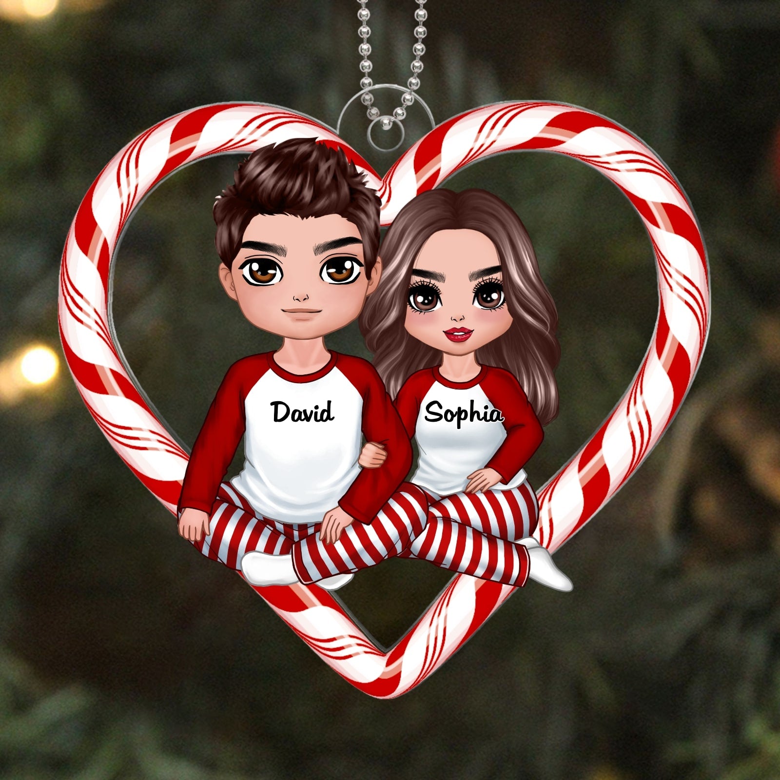 Christmas Doll Couple Sitting Candy Cane Heart Personalized Acrylic Ornament