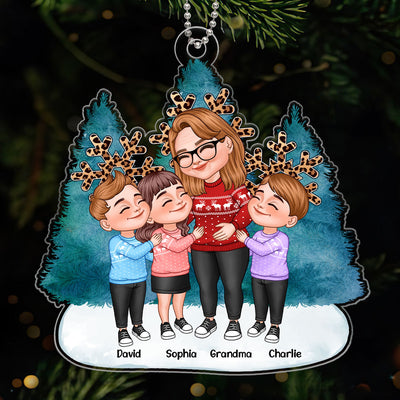 Cartoon Grandma & Grandkids Hugging Blue Christmas Tree Leopard Snowflakes Personalized Acrylic Ornament