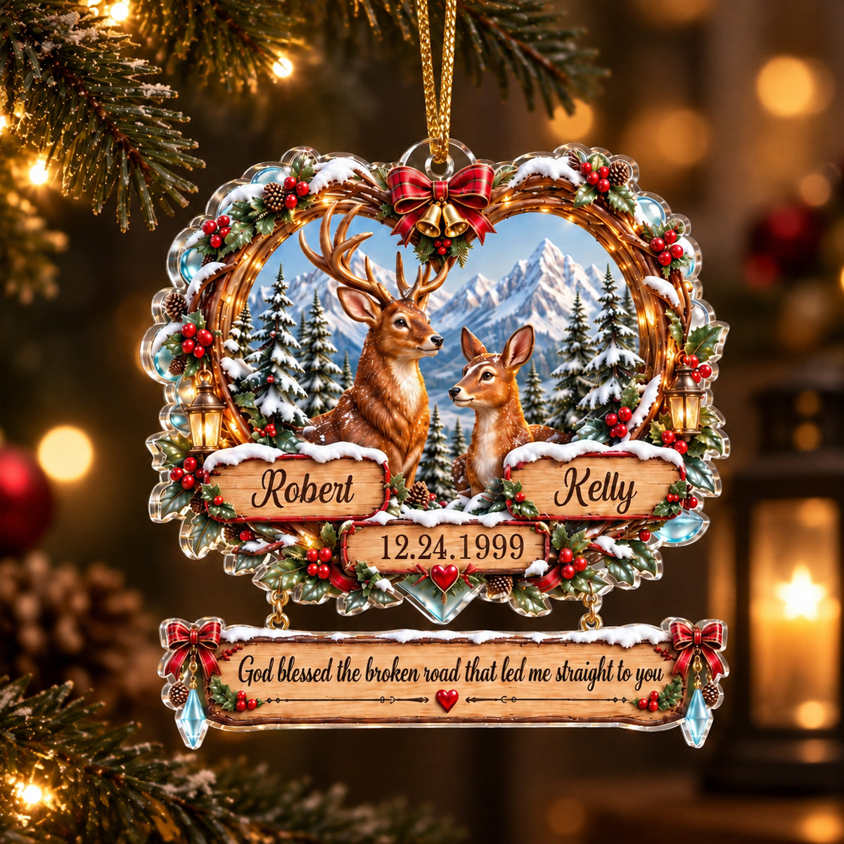 God Blessed the Broken Road Deer Couple - Personalized Acrylic Ornament - Christmas Gift for Him, for Her