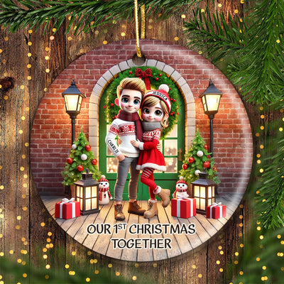 Cute Couple Standing In Front of Door Personalized Ceramic Ornament, Christmas Gift for Him, Gift for Her