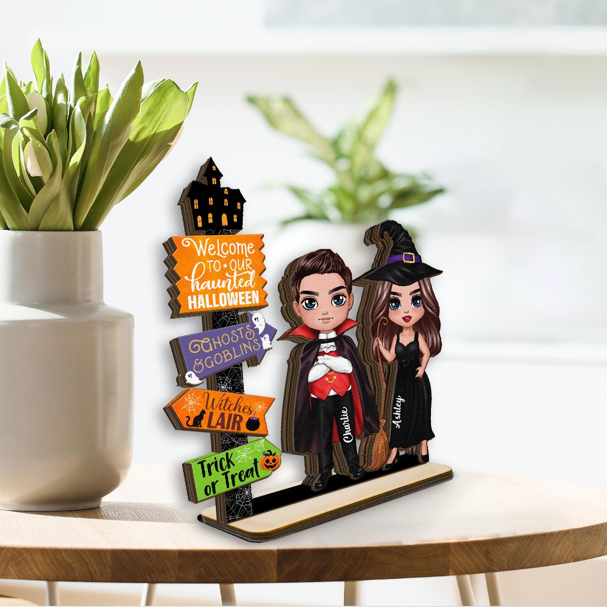 Welcome To Our Haunted House Couple Halloween Tier Tray Decor Personalized 2-Layer Standing Wooden Plaque