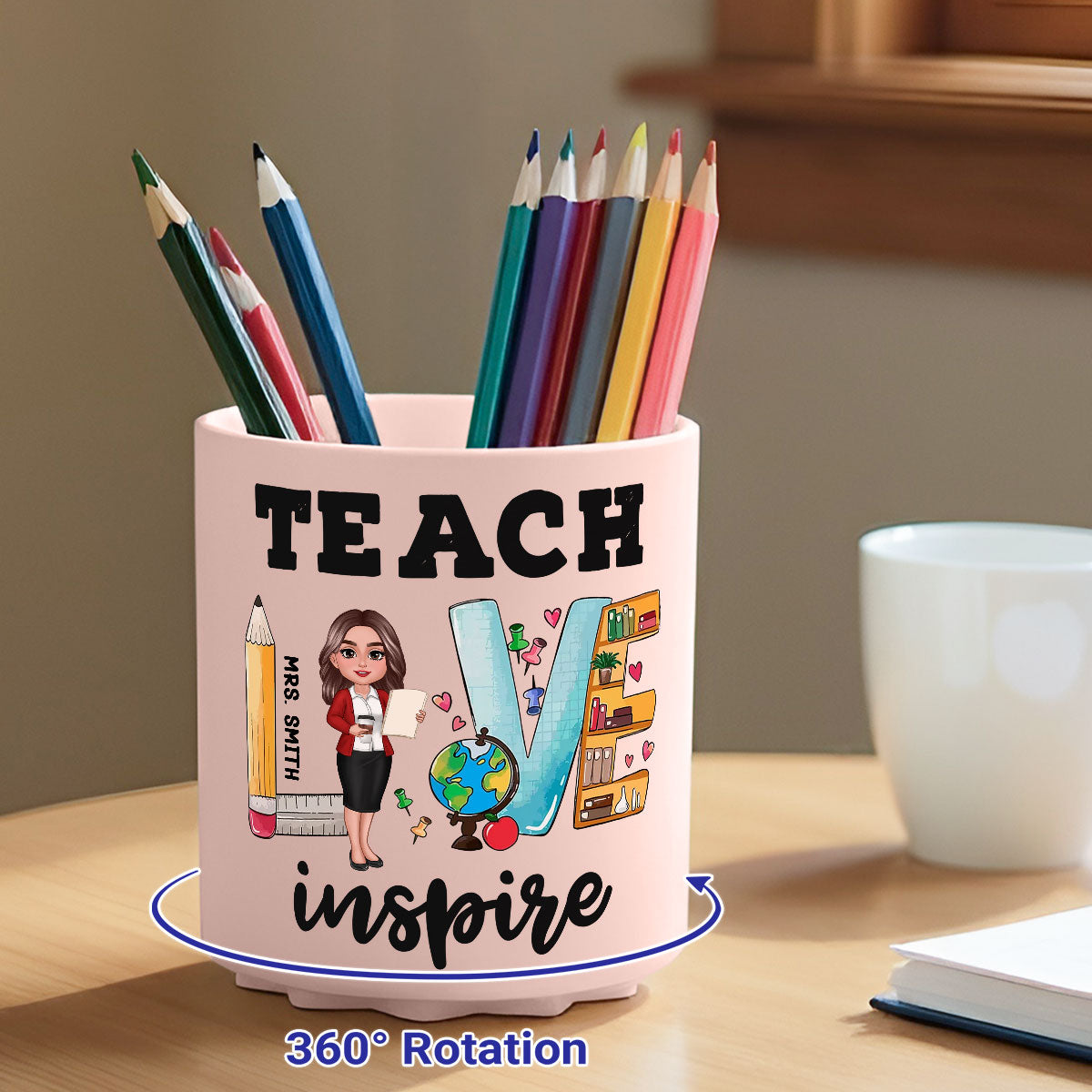 Teach Love Inspire Doll Teacher Pattern Personalized Rotating Pen Holder, Back To School Gift, Teacher Appriciation Gift