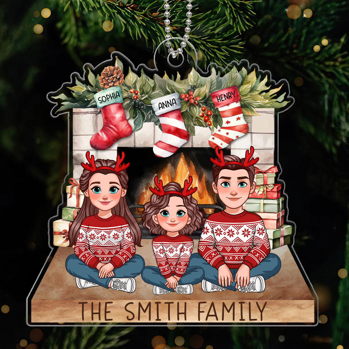 Animated Family Sitting At Christmas Fireplace Personalized Acrylic Ornament