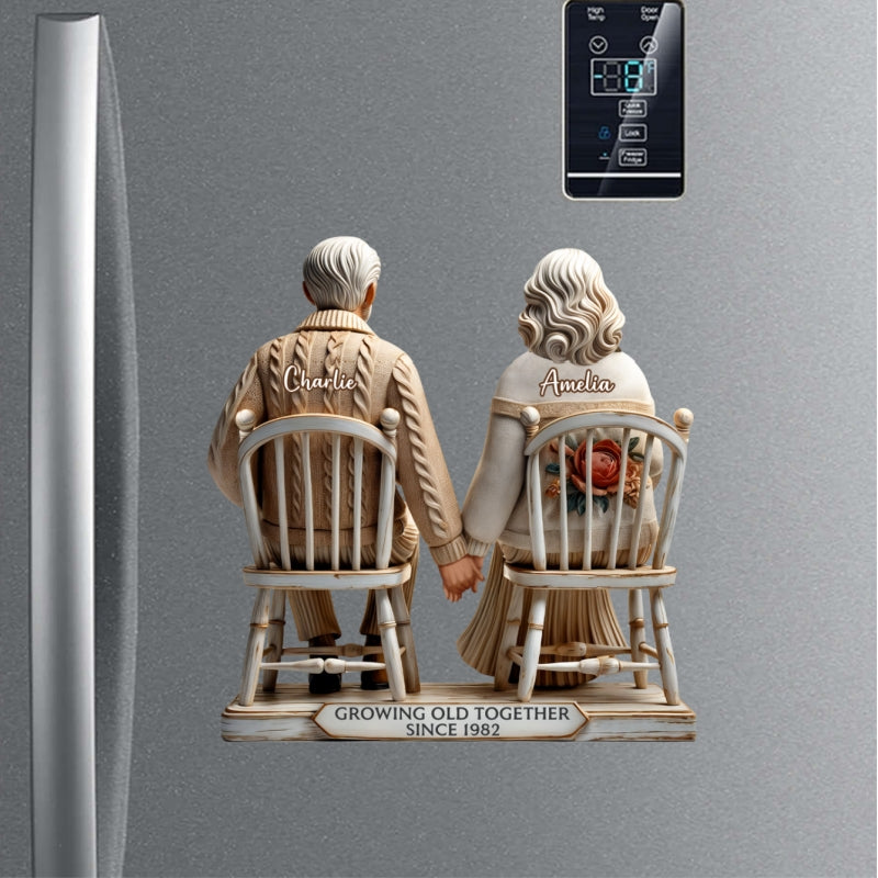 3D Effect Old Couple Sitting Together Personalized Acrylic Fridge Magnet, Heartfelt Gift For Couple, For Him, For Her, Husband, Wife