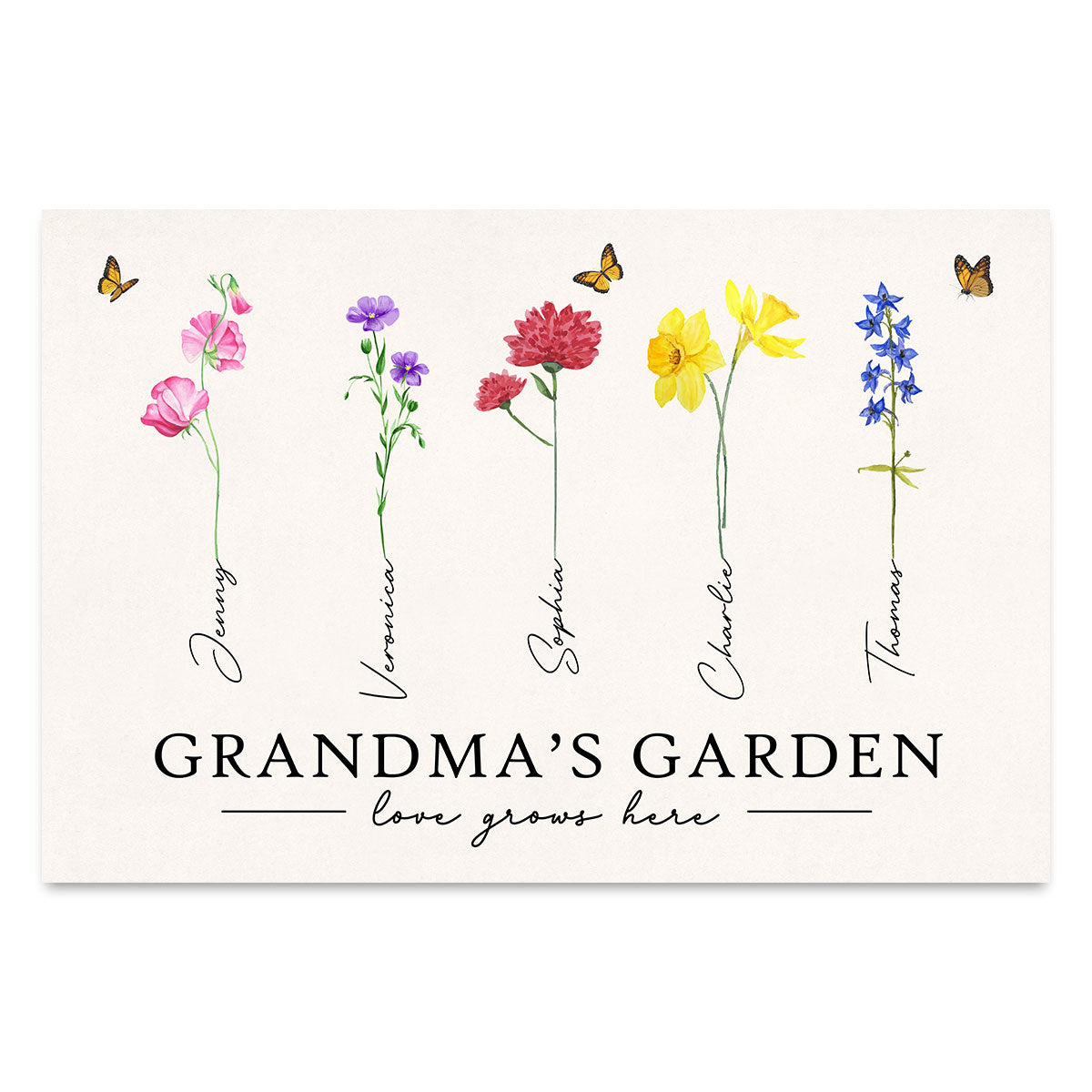 Grandma‘s Garden Love Grows Here Watercolor Birth Month Flower Gift For Grandma Mom Personalized Canvas Print