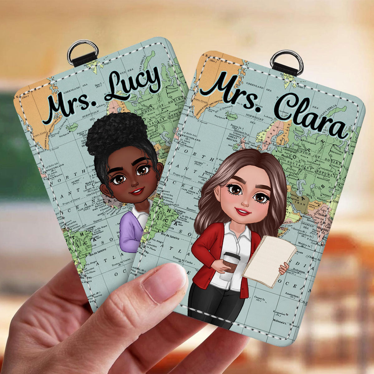 World Map Adventure Themed Teacher Personalized ID Badge Holder, Back To School Gift