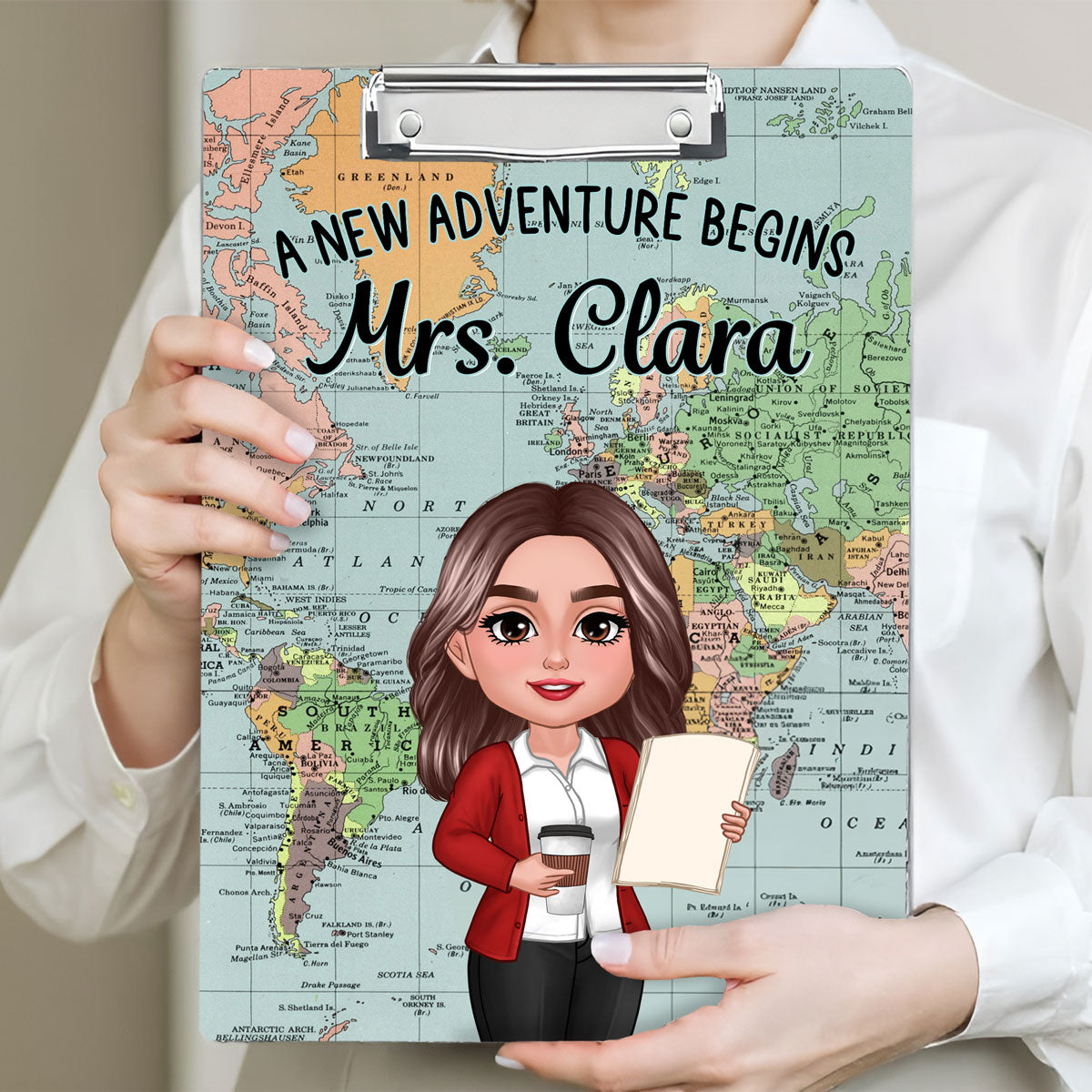 World Map Adventure Themed Teacher Personalized Clipboard, Back To School Gift For Teacher, Colleagues