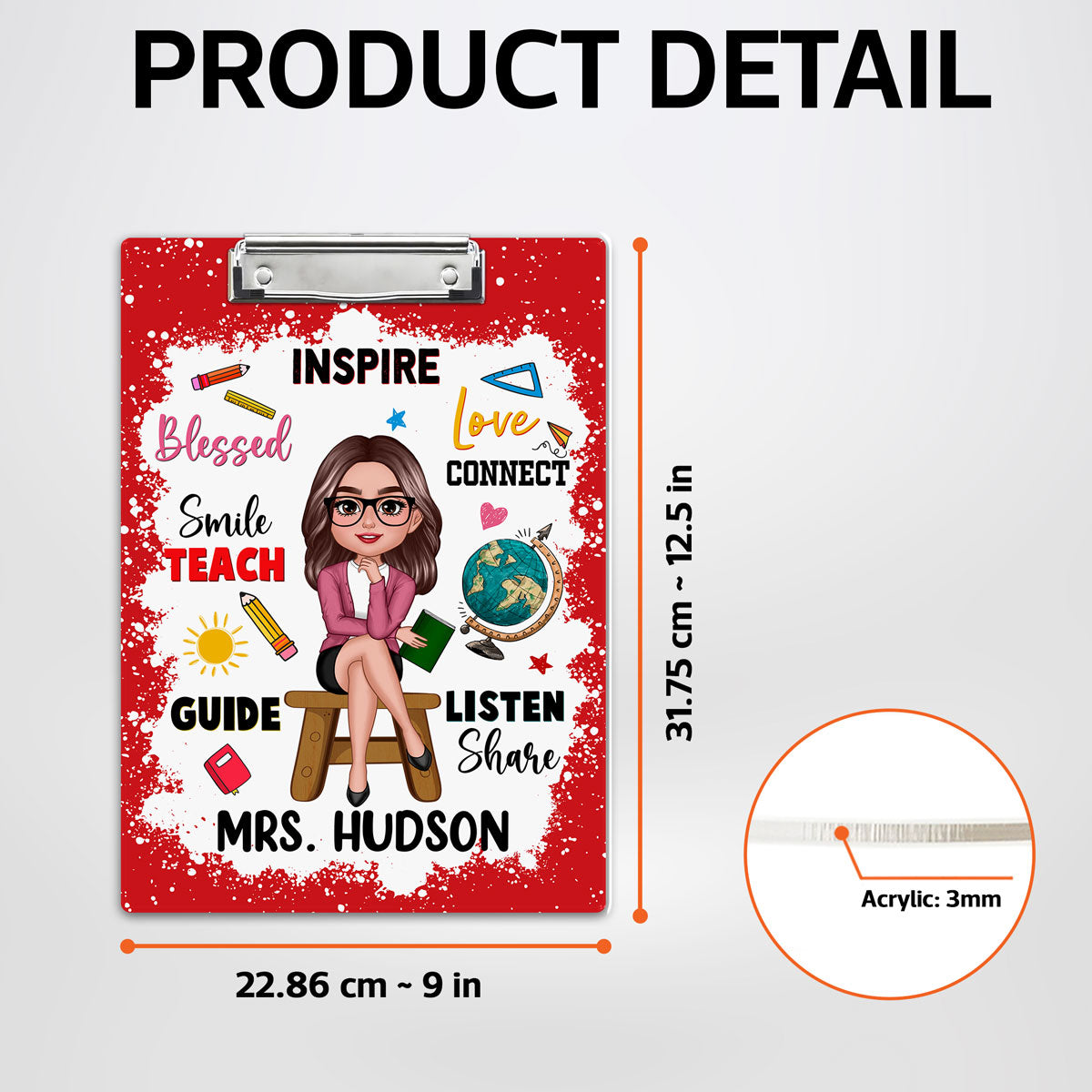 Teacher Inspire Love Connect Personalized Acrylic ClipBoard, Gift For Teacher