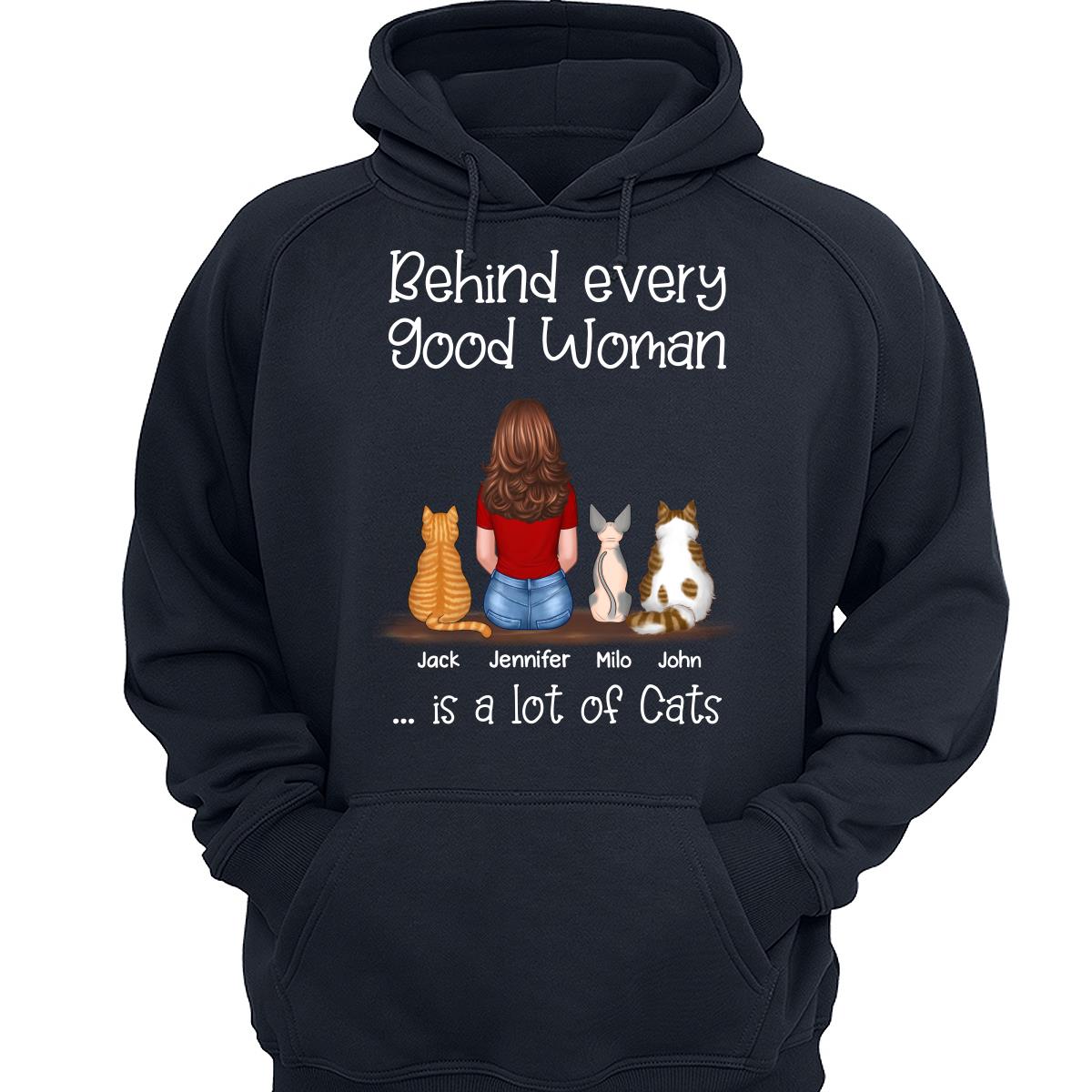 Behind Good Woman Is Cats Back View Sitting Woman & Cat Personalized Shirt