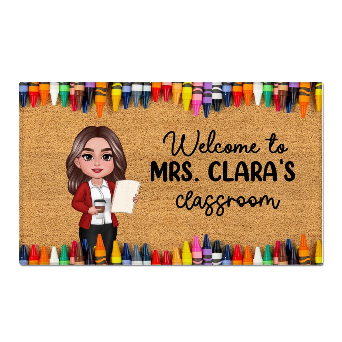 Teacher Classroom Crayon Border - Personalized Doormat - Back To School Gift, Classroom Decoration