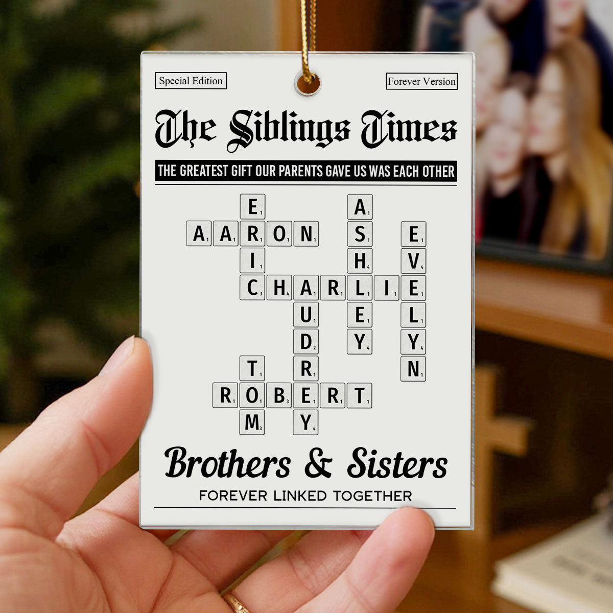 The Siblings Times Crossword Puzzle Newspaper Style - Personalized Acrylic Ornament - Christmas Keepsake Gift For Brothers, Sisters
