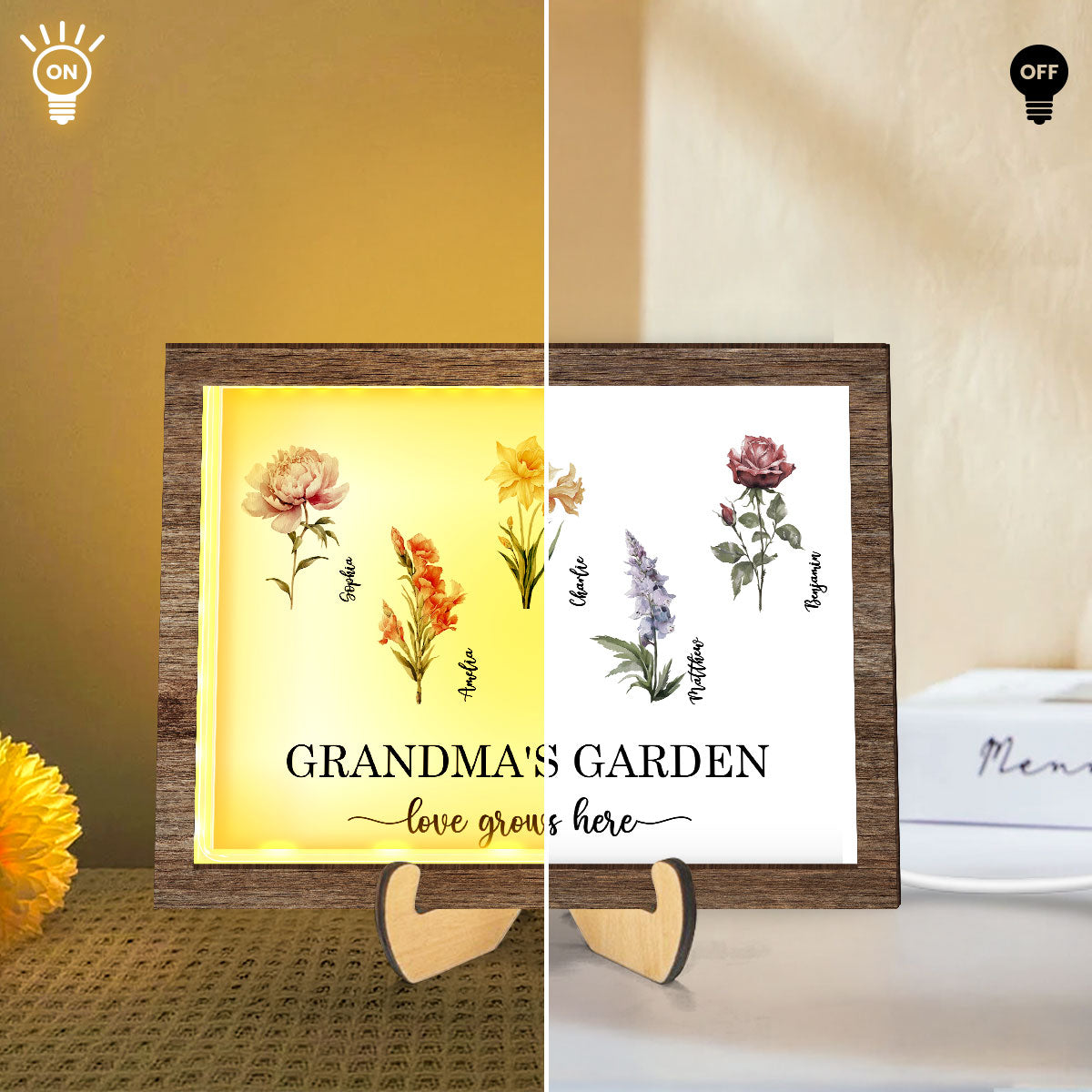 Grandma's Garden Love Grows Here Birth Month Flower Personalized 2-Layered Wooden Plaque with LED, Heartfelt Mother's day gift for Grandma, Mom