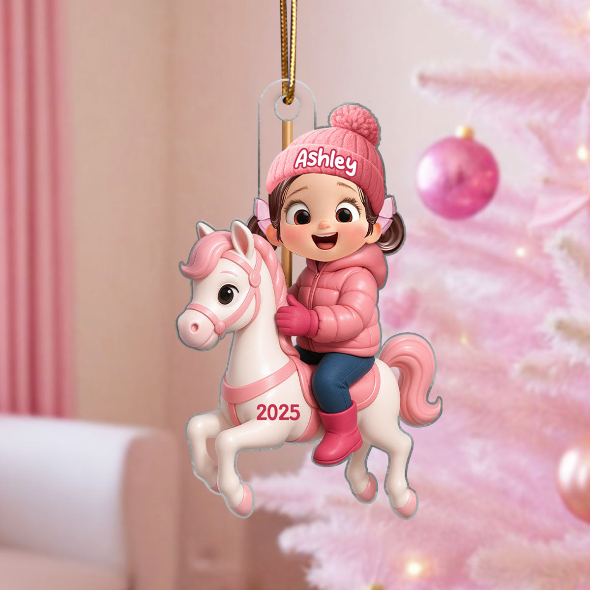 Cute Cartoon Kid On Horse Christmas Personalized Acrylic Ornament, Perfect Chrismas Gift For Kids, Grandkids