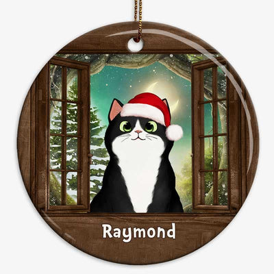 Cat Peeking On Window Christmas Personalized Circle Ornament