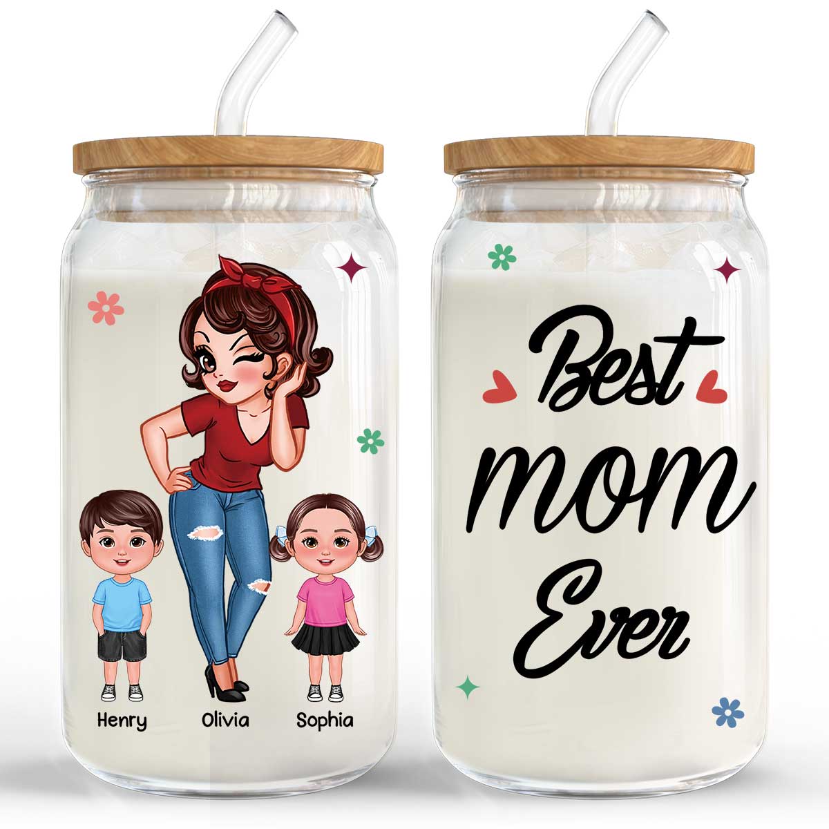 Best Mom Grandma Ever Pretty Woman & Kids Personalized Clear Glass Can