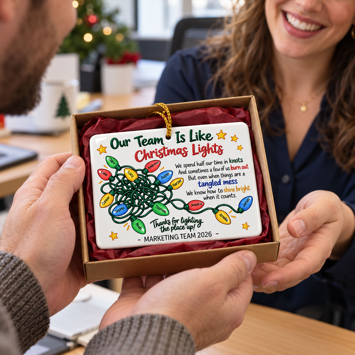 Our Team Is Like Christmas Lights - Personalized Ceramic Ornament - Coworkers, Colleagues Gift Exchange, Office Staff Appreciation Gift