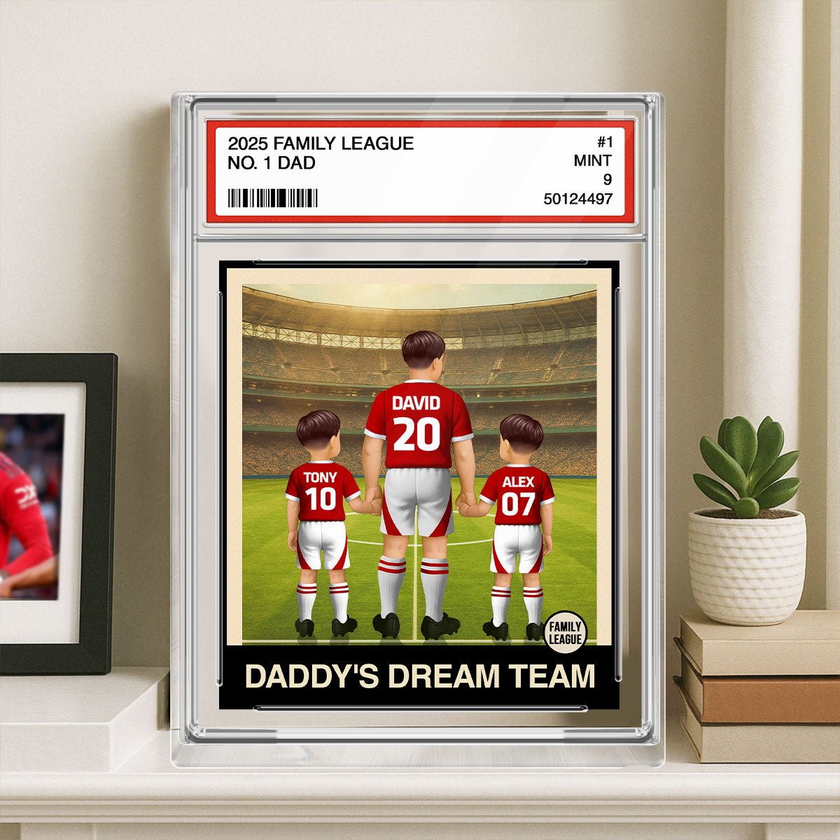 UK AU Football Daddy's Dream Team No. 1 Dad Man & Kids Trading Card Style Personalized Acrylic Block Plaque