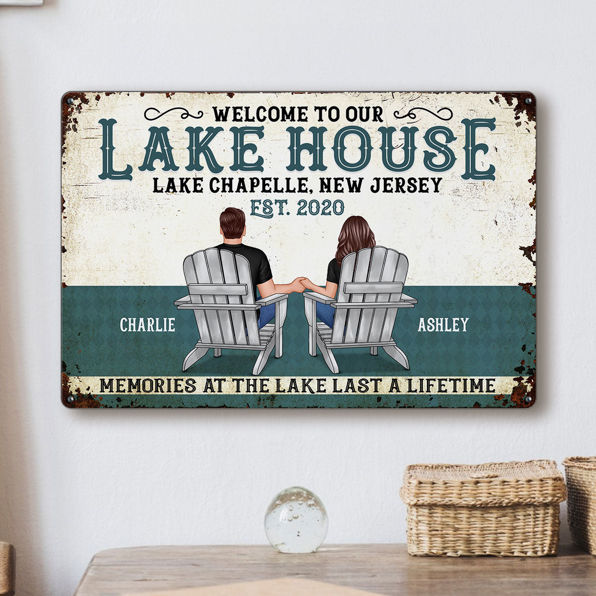 Welcome To Our Lake House Back View Couple Personalized Metal Sign