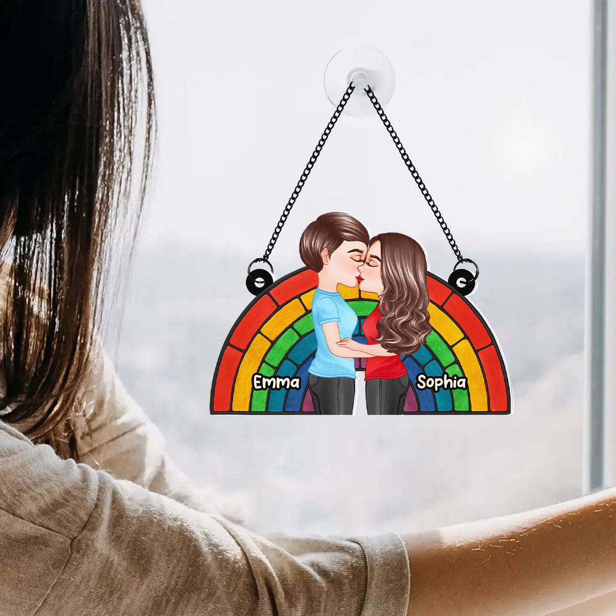 LGBT Flag Rainbow Couple Kissing Personalized Suncatcher