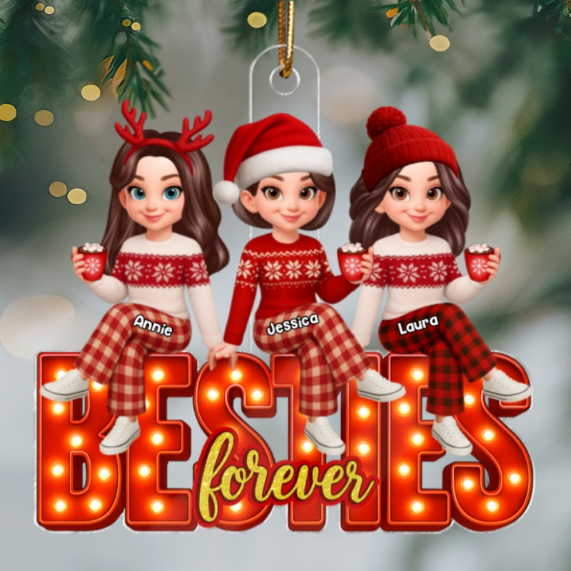 3D Effect Christmas Besties Forever Marquee Effect - Personalized Acrylic Ornament - Christmas Gift For Best Friends