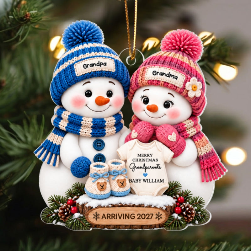Promoted To Grandparents Cute Snowman 2D Flat - Personalized Acrylic Ornament - First Christmas Gift For New Grandparents, Pregnancy Announcement