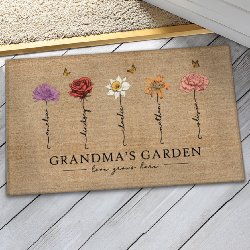 [FREE DELIVERY - Limited time offer] Grandma‘s Garden Love Grows Here Vintage Birth Flowers Swirl Name Personalized Doormat, Gift For Her, Mom, Grandma