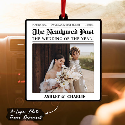 Newspaper Newlywed Anniversary Personalized Photo Frame Ornament, Unique Christmas Gift for Newlywed, Couple, Hanging Photo Car Ornament