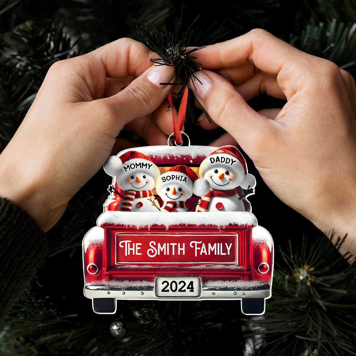 Personalized Snowman Family Acrylic Christmas Ornament, Red Truck Custom Name 3D Effect Ornament