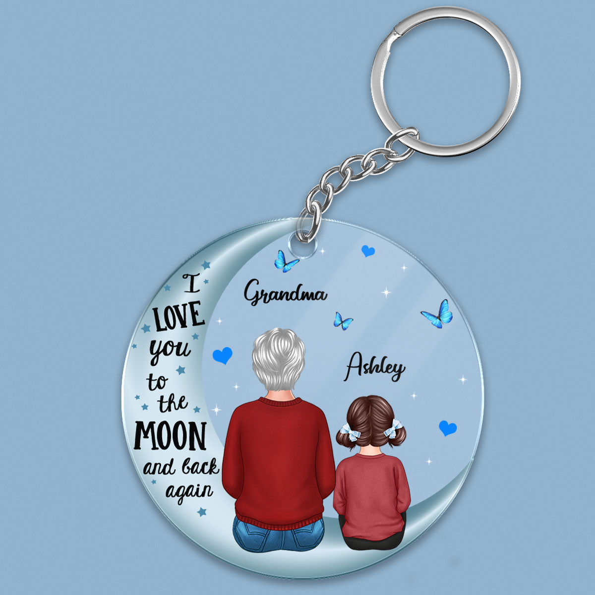Grandma & Grandkids Back View On Blue Moon Personalized Acrylic Keychain