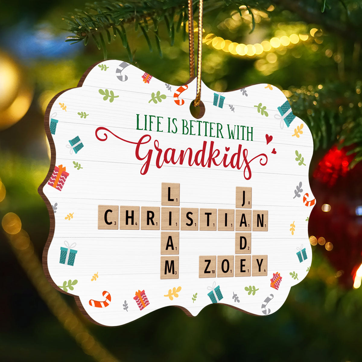 Life Is Better With Grandkids Crossword Puzzle Personalized Wooden Ornament, Christmas Gift for Grandma, Grandkids