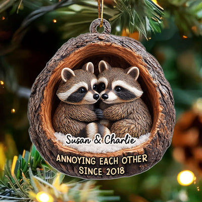 Funny Raccoon Couple Annoying Each Other 3D Wooden Effect - Personalized Acrylic Ornament - Christmas Gift for her, Gift for him