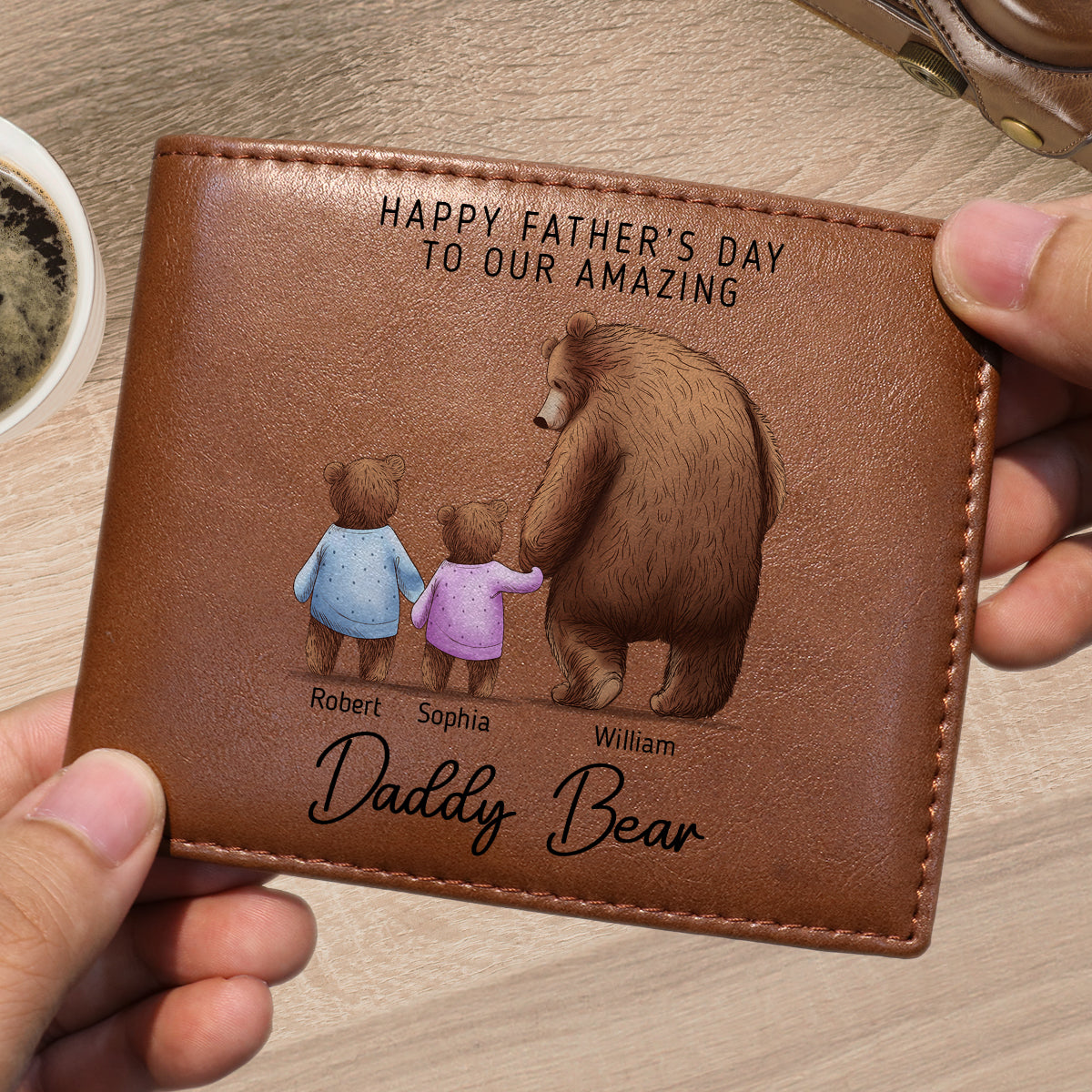 Daddy Bear With His Cubs Personalized Printed Leather Wallet