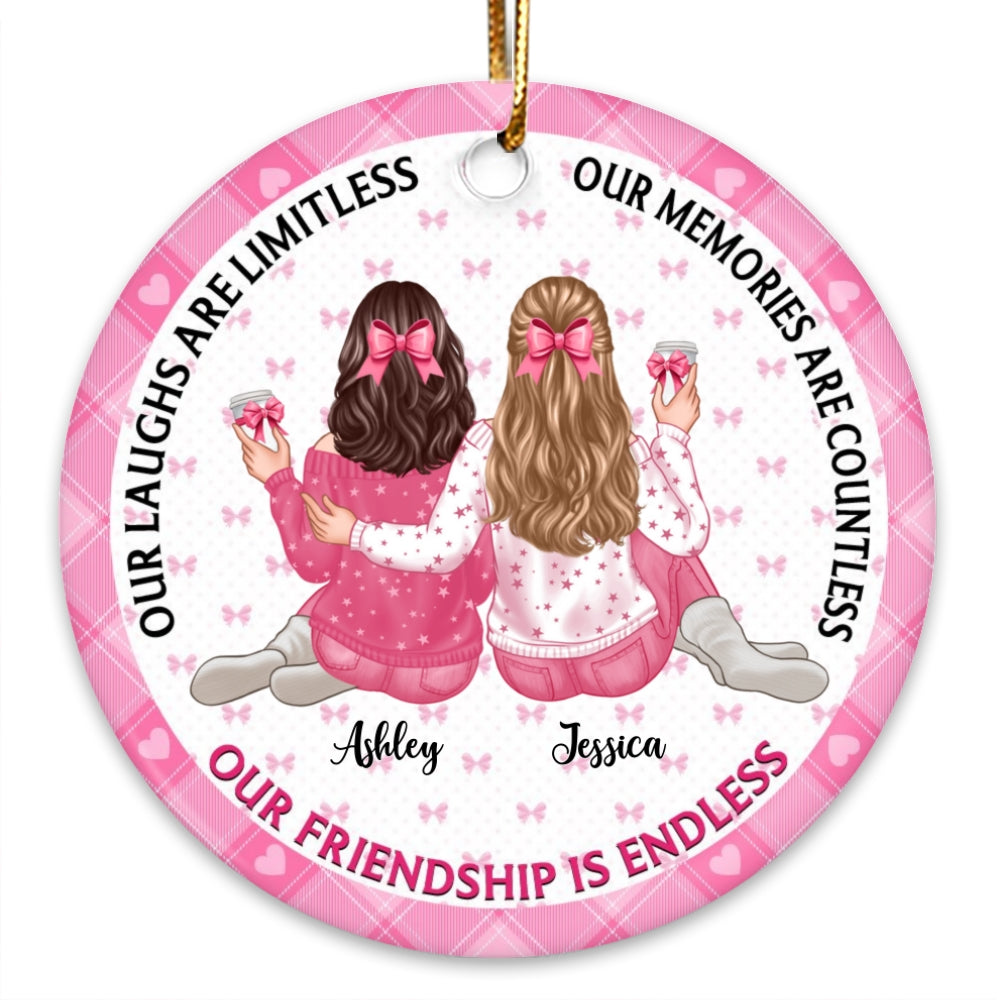 Our Friendship Is Endless Besties Back View Coquette Theme Personalized Ceramic Ornament