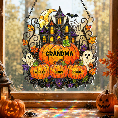 Whimsical Halloween Grandma's Little Pumpkins Haunted House - Personalized Acrylic Suncatcher - Halloween Decoration For Grandma