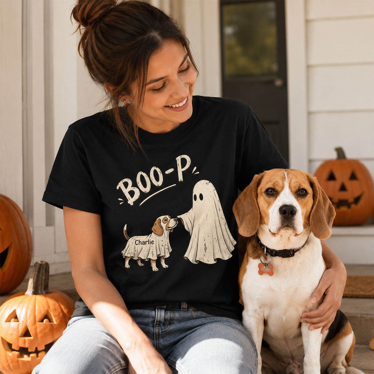 Funny Boo-p Ghost Pet Portrait From Your Pet Photo - Personalized Shirt - Halloween Gift For Dog Cat Lovers