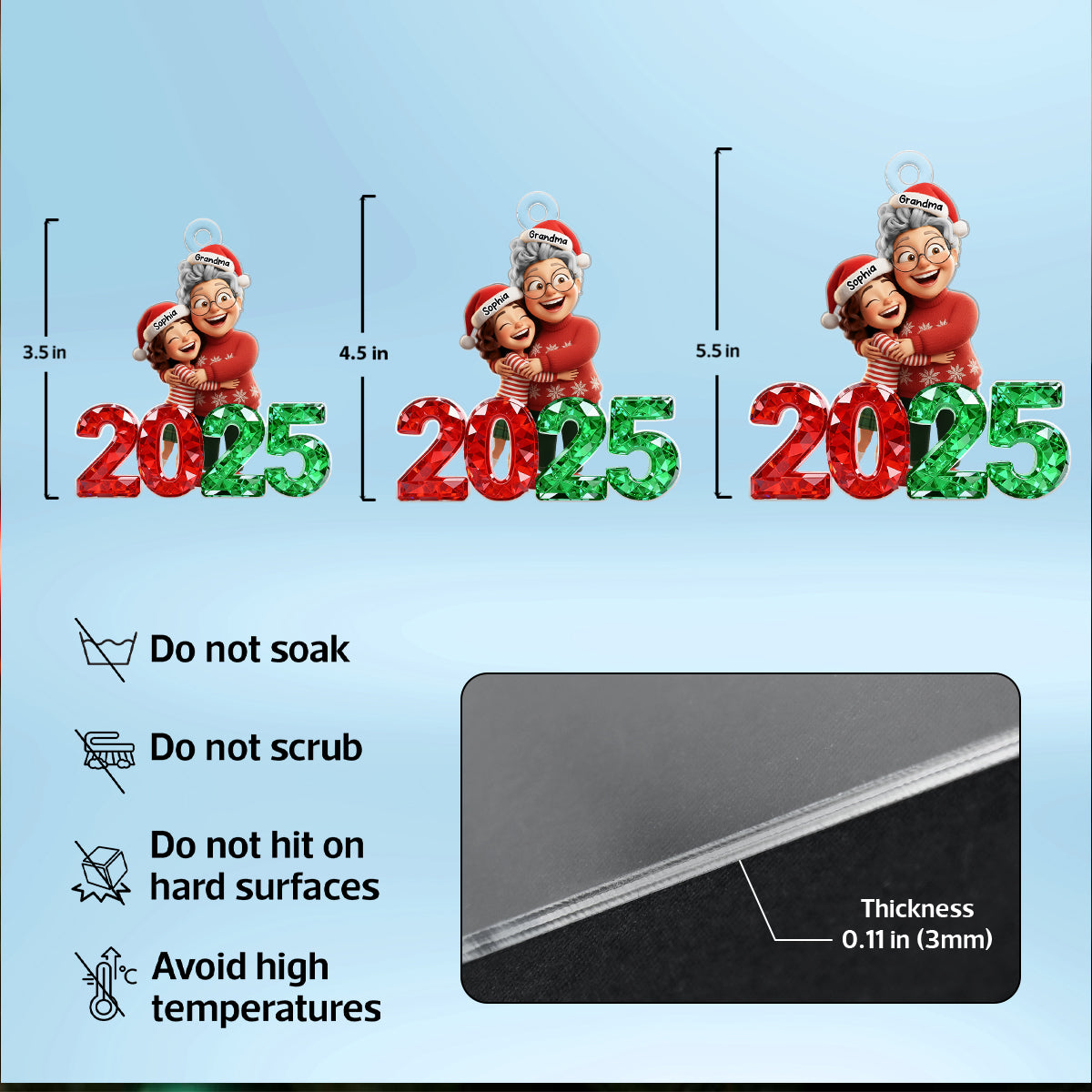 3D Glitter Crystal Happy Grandma Hugging Grandkid 2025 - Personalized Acrylic Ornament - Christmas Gift for Grandma, Grandkid