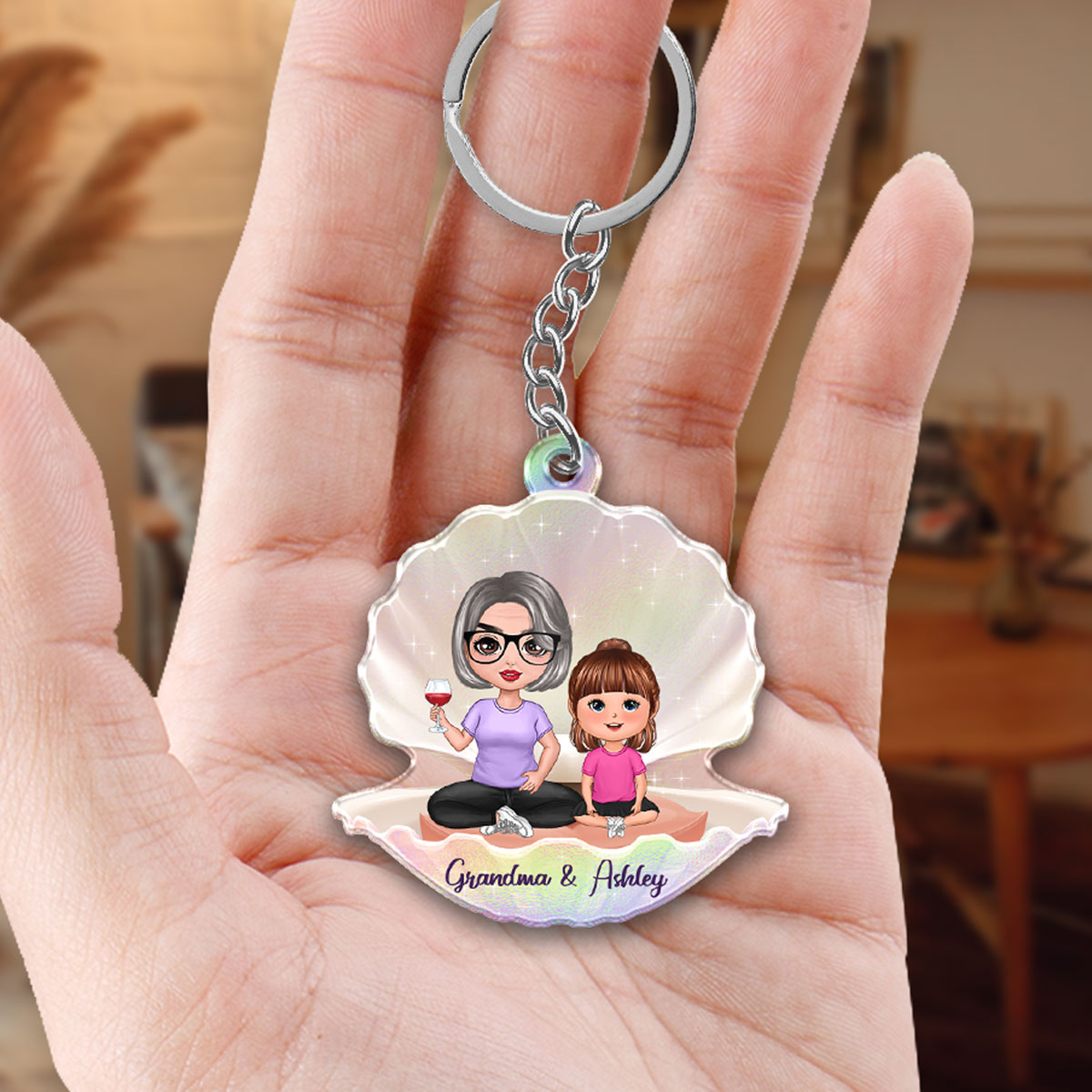 Doll Grandma Grandkid Sitting In Pearl Shell Personalized Acrylic Keychain